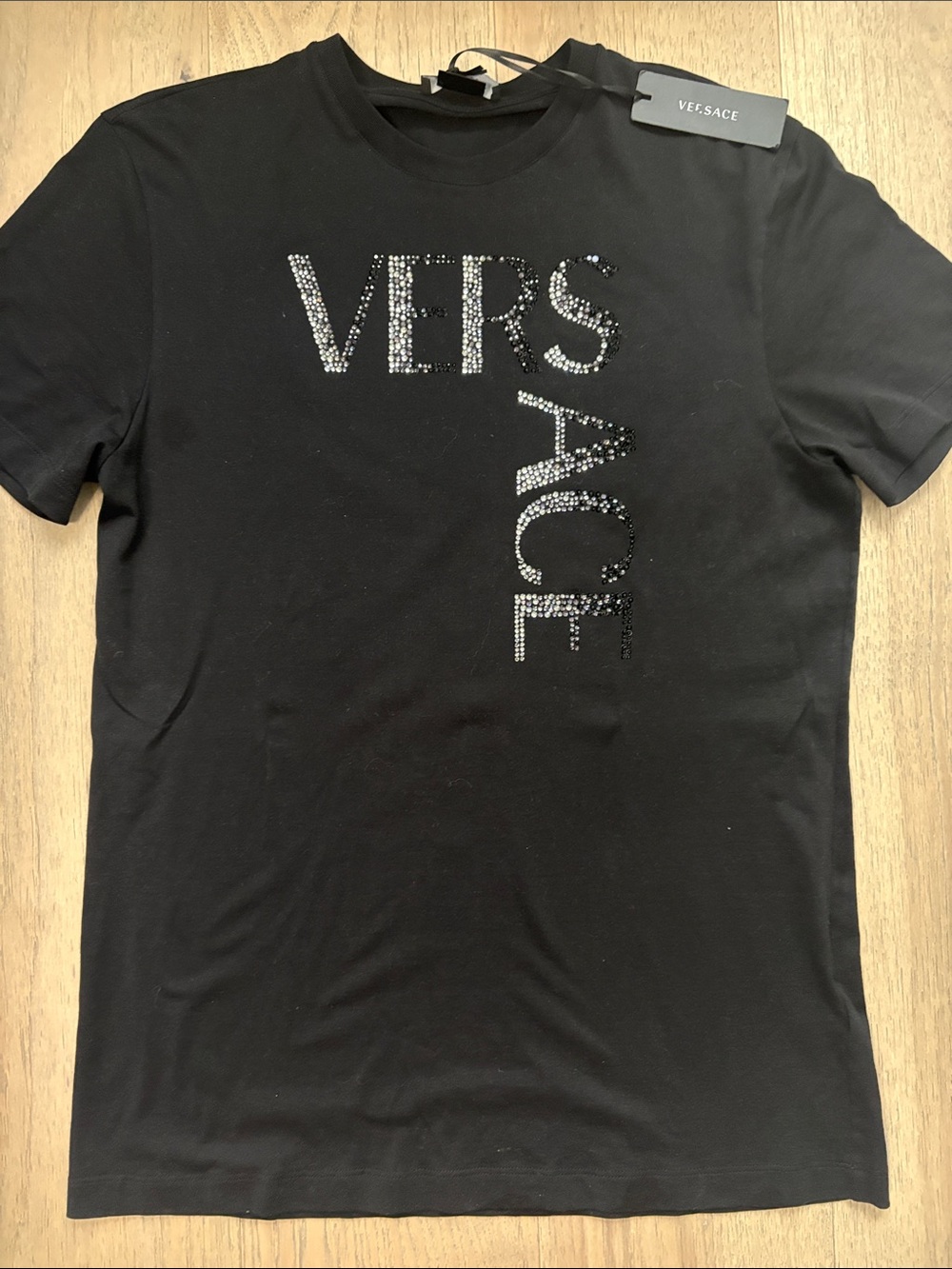 Versace Black Short-Sleeve Tee with Crystal Logo